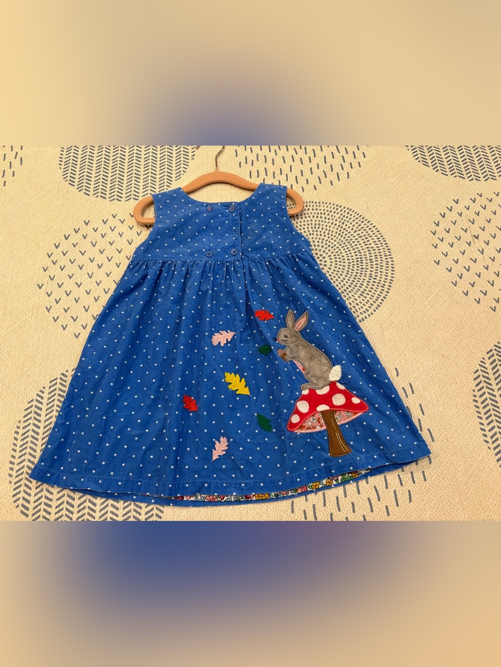 Baby Boden Fall Blue Polka Dot Bunny & Mushroom Appliqué Pinnie Dress 2-3